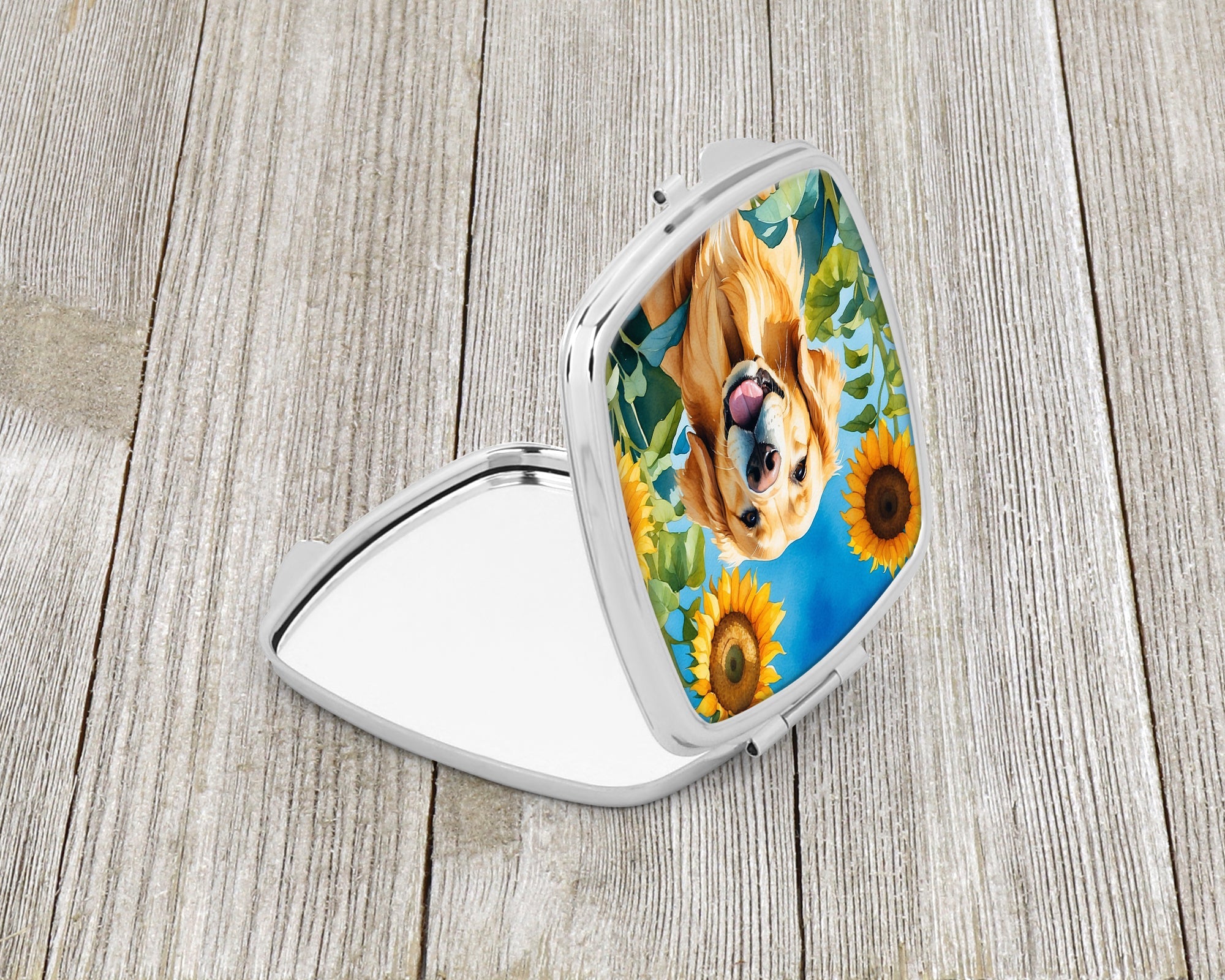 Golden Retriever in Sunflowers Compact Mirror Decorative Travel Makeup Mirror for Women Girls Gifts Pocket Makeup Mirror Folding Handheld
