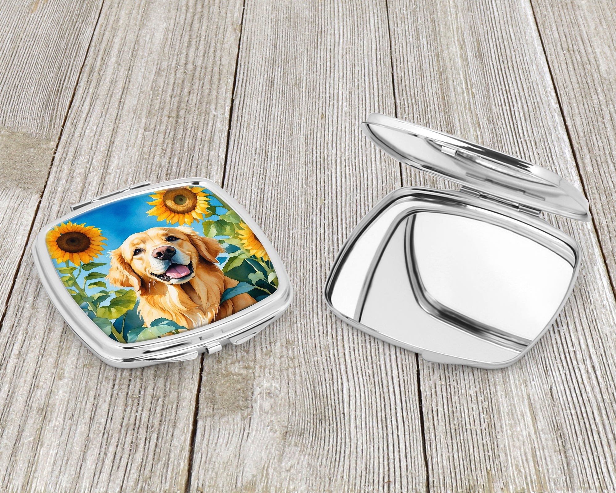 Golden Retriever in Sunflowers Compact Mirror Decorative Travel Makeup Mirror for Women Girls Gifts Pocket Makeup Mirror Folding Handheld