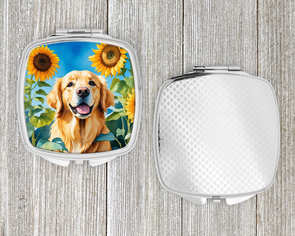 Golden Retriever in Sunflowers Compact Mirror Decorative Travel Makeup Mirror for Women Girls Gifts Pocket Makeup Mirror Folding Handheld