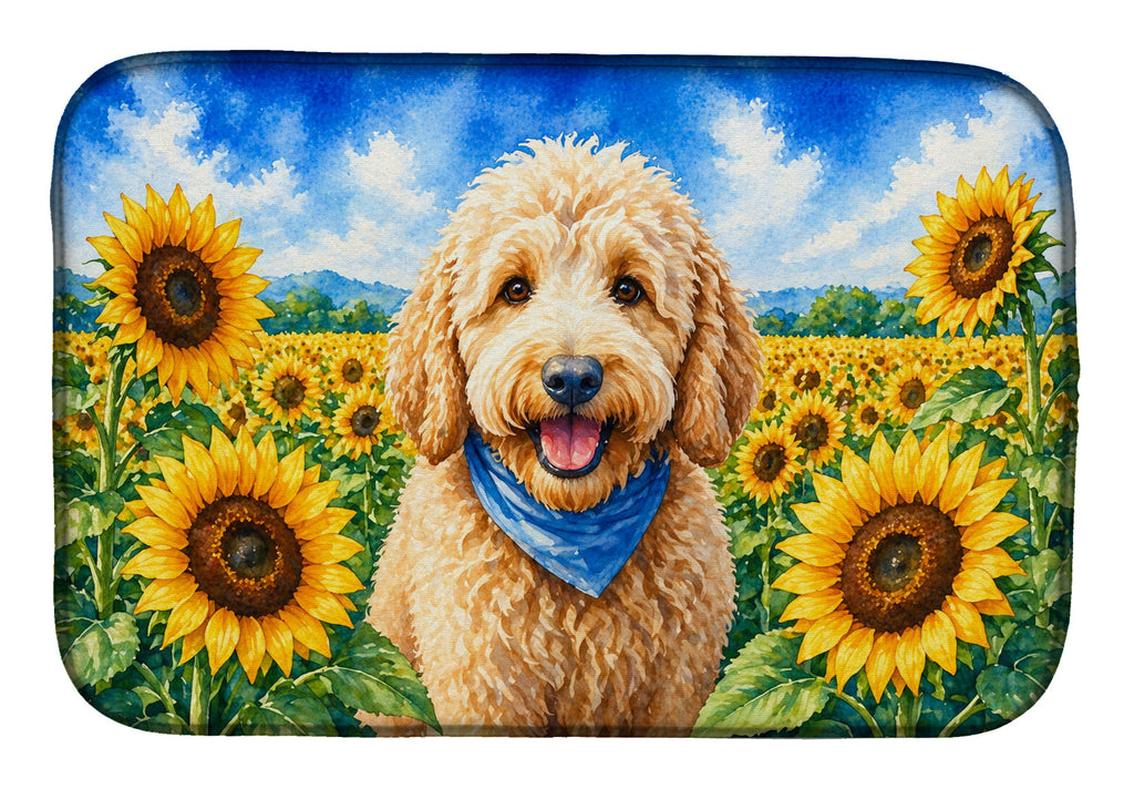 Goldendoodle in Sunflowers Dish Drying Mat Absorbent Dish Drying Mat Pad for Kitchen Counter Dish Drainer Mat for Countertop, 14 x 21", Multicolor