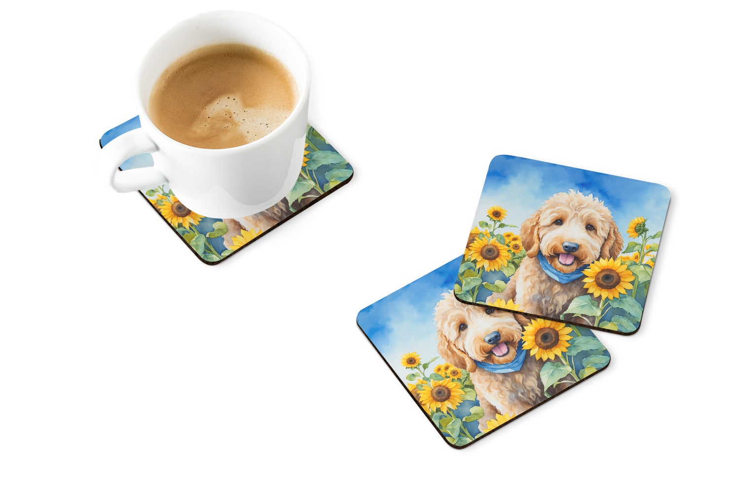 Goldendoodle in Sunflowers Foam Coasters Set of 4 Cup Coasters for Indoor Outdoor, Tabletop Protection, Anti Slip, Mouse pad Material
