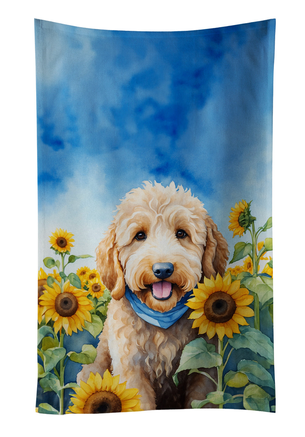 Goldendoodle in Sunflowers Kitchen Towel Velour Plush Front and Cotton Loop Back Machine Washable