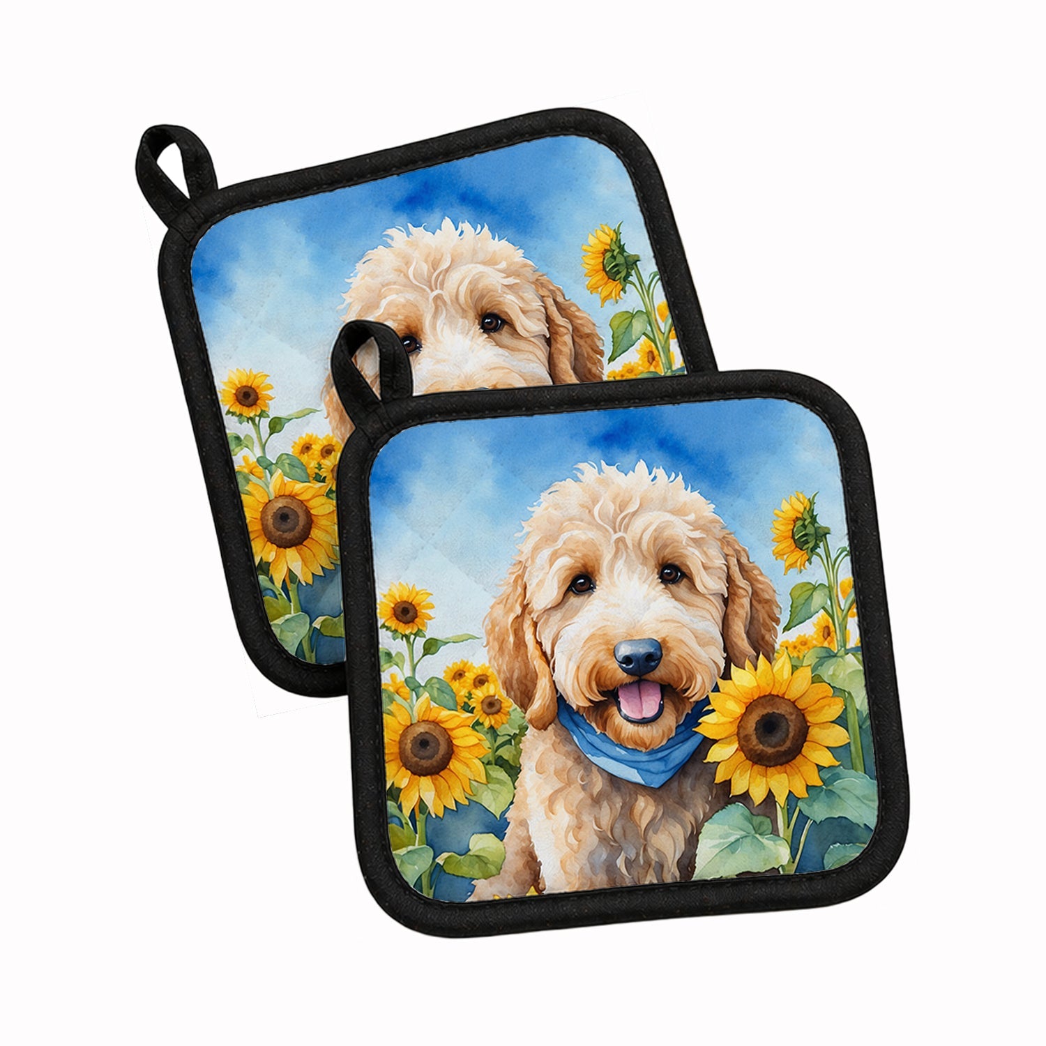 Goldendoodle in Sunflowers Pot Holder Set of 2 Heat Resistant Quilted Hot Pads 7.5 x 7.5 Inch, Insulated Kitchen Trivets for Cooking & Baking