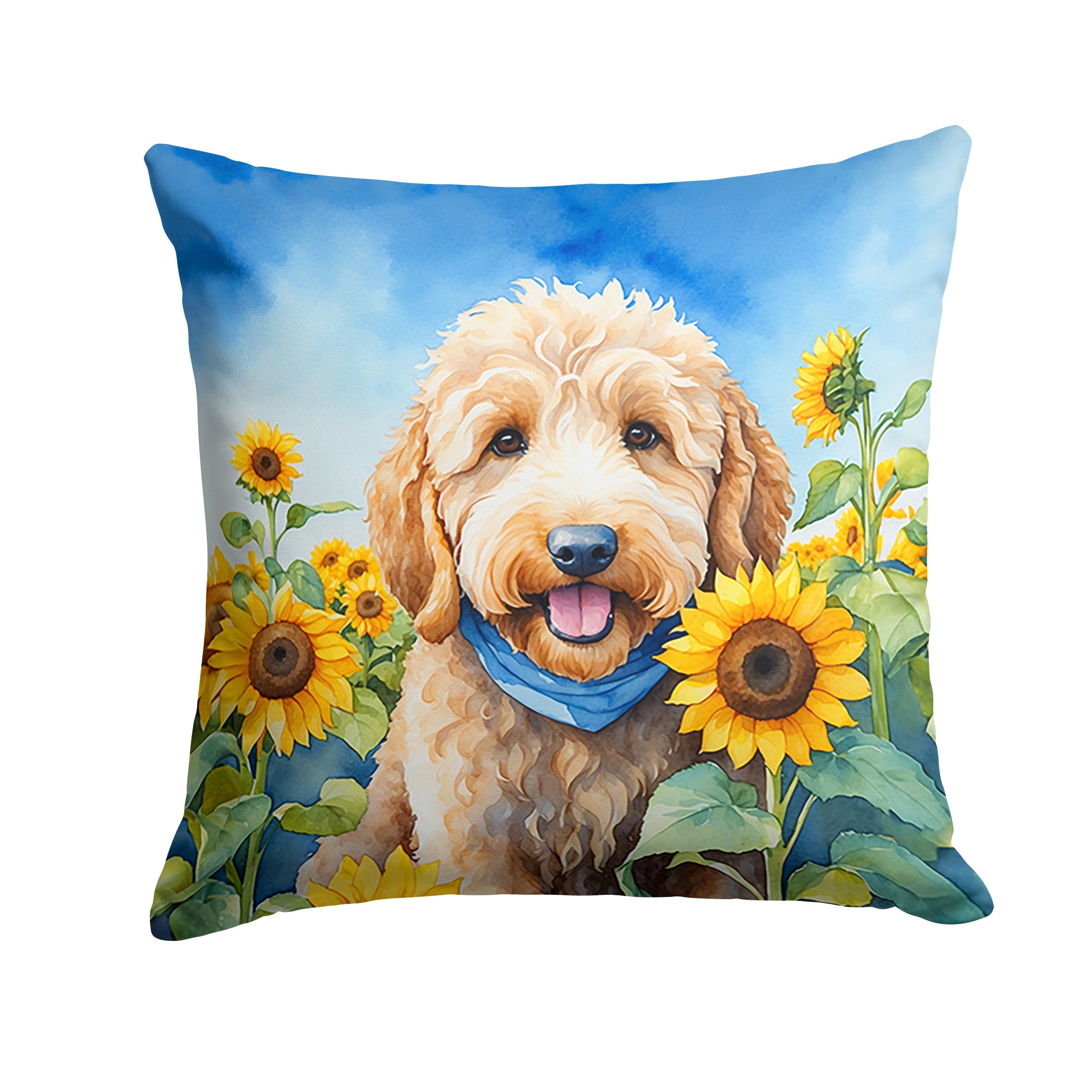 Goldendoodle in Sunflowers Decorative Throw Pillow 14x14 Indoor Outdoor Accent Cushion, Fabric Cover with Insert for Sofa, Bed, Porch & Living Room