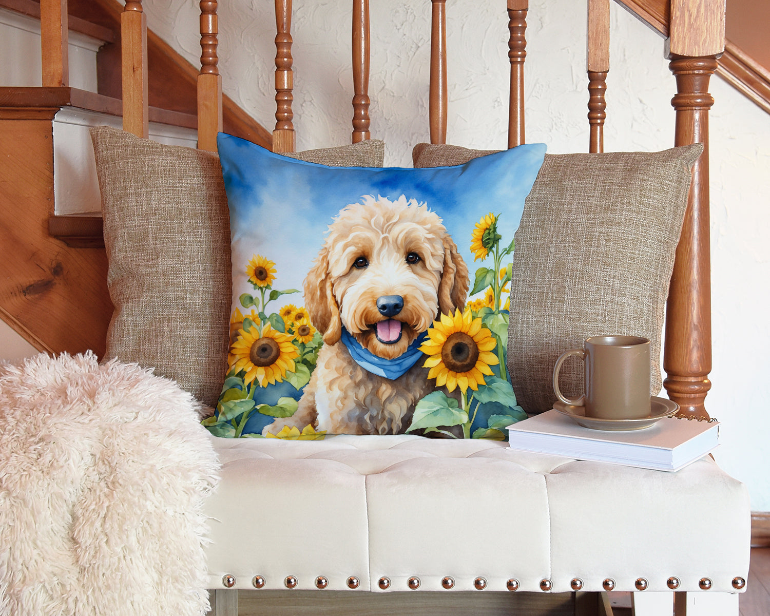 Goldendoodle in Sunflowers Decorative Throw Pillow 14x14 Indoor Outdoor Accent Cushion, Fabric Cover with Insert for Sofa, Bed, Porch & Living Room