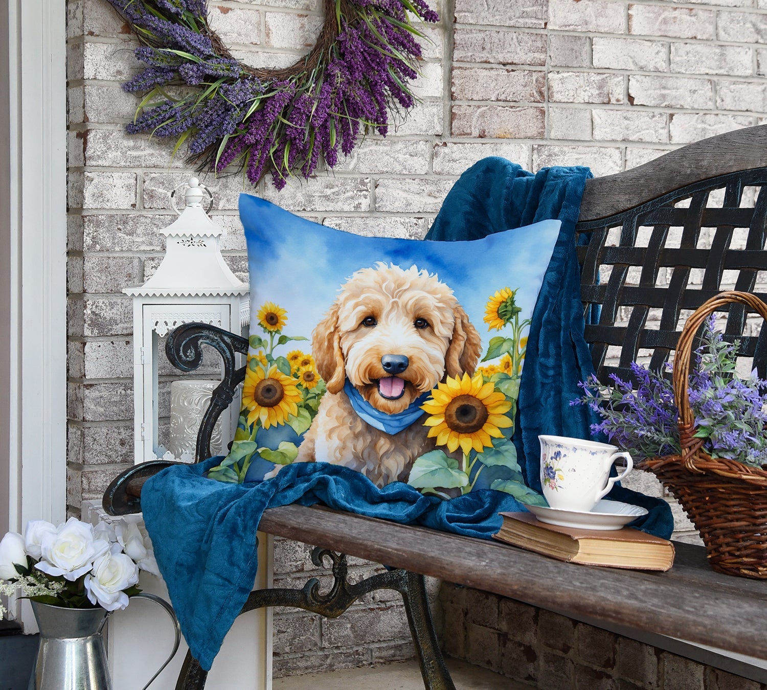 Goldendoodle in Sunflowers Decorative Throw Pillow 18x18 Indoor Outdoor Accent Cushion, Fabric Cover with Insert for Sofa, Bed, Porch & Living Room