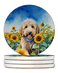 Goldendoodle in Sunflowers Large Sandstone Coasters Pack of 4 Absorbent Round Coasters Decor Gifts for Men or Women, 4 in, Multicolor