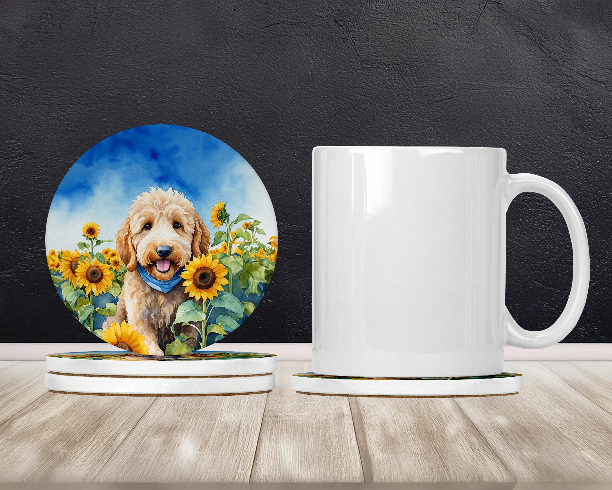Goldendoodle in Sunflowers Large Sandstone Coasters Pack of 4 Absorbent Round Coasters Decor Gifts for Men or Women, 4 in, Multicolor
