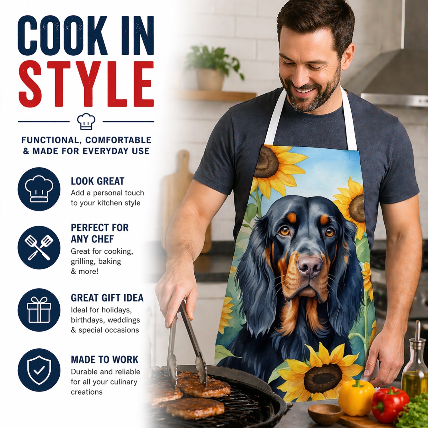Gordon Setter in Sunflowers Apron Cooking Kitchen Server Baking Crafts Gardening for Adult Women Men, Unisex, Large, Multicolor