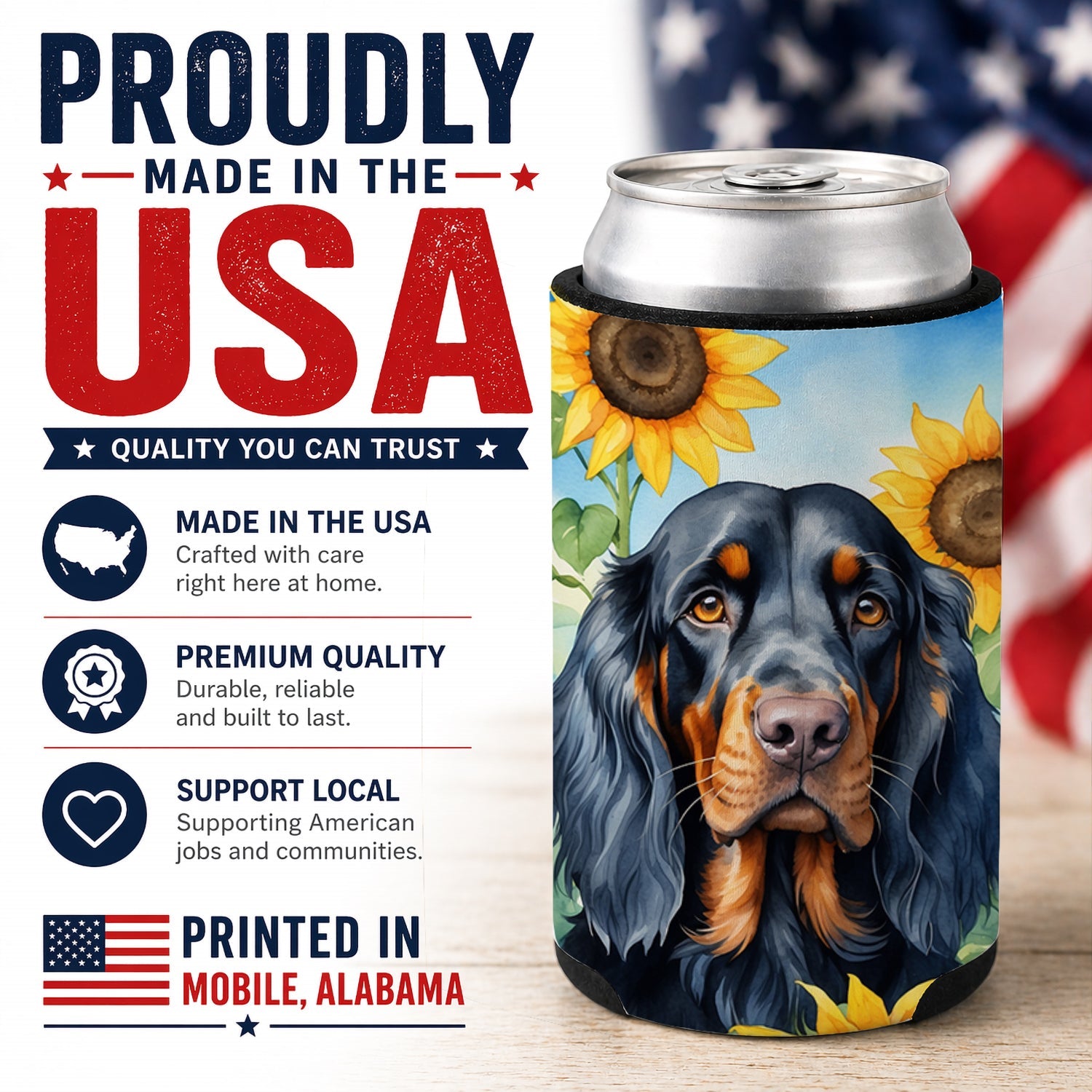 Gordon Setter in Sunflowers Can or Bottle Hugger Cooler Sleeve for Standard 12 oz Cans, Insulated Foam Beer & Soda Can Hugger Reusable