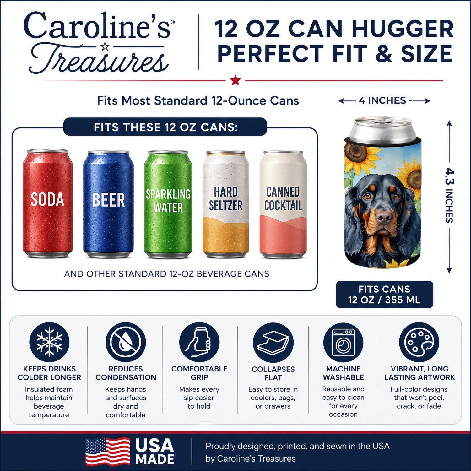 Gordon Setter in Sunflowers Can or Bottle Hugger Cooler Sleeve for Standard 12 oz Cans, Insulated Foam Beer & Soda Can Hugger Reusable