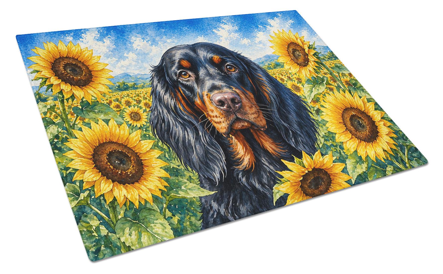 Gordon Setter in Sunflowers Cutting Board Tempered Glass Kitchen Cutting Surface, Heat Resistant Chopping Board with Non-Slip Feet, Decorative Food Prep & Serving