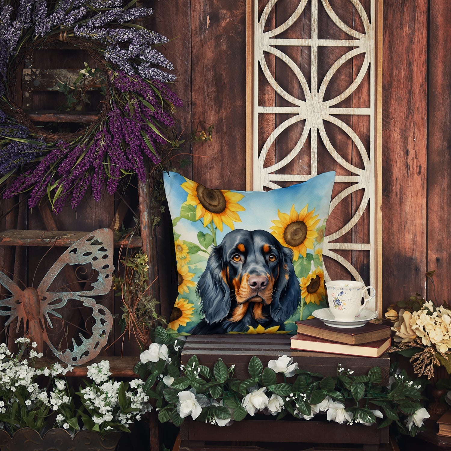 Gordon Setter in Sunflowers Decorative Throw Pillow 14x14 Indoor Outdoor Accent Cushion, Fabric Cover with Insert for Sofa, Bed, Porch & Living Room