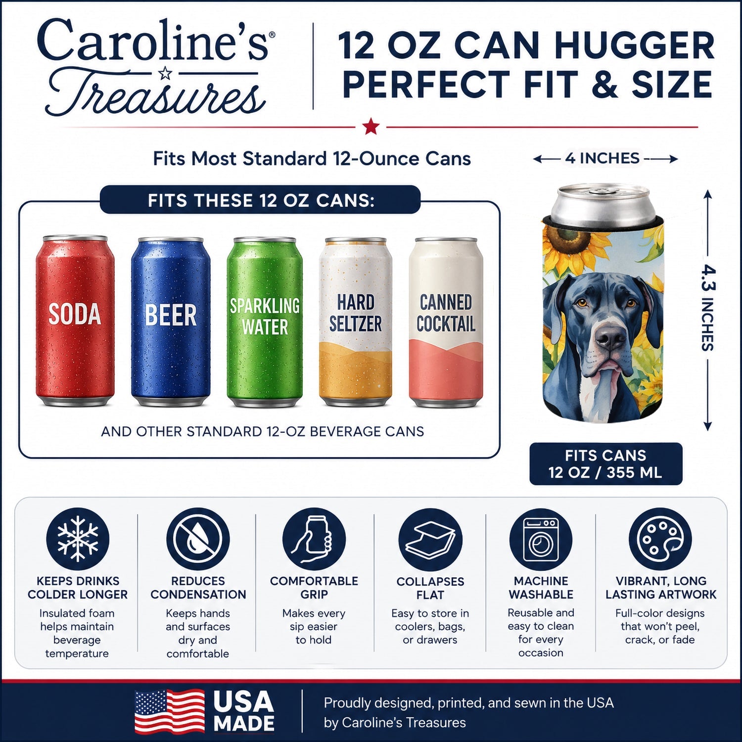 Great Dane in Sunflowers Can or Bottle Hugger Cooler Sleeve for Standard 12 oz Cans, Insulated Foam Beer & Soda Can Hugger Reusable