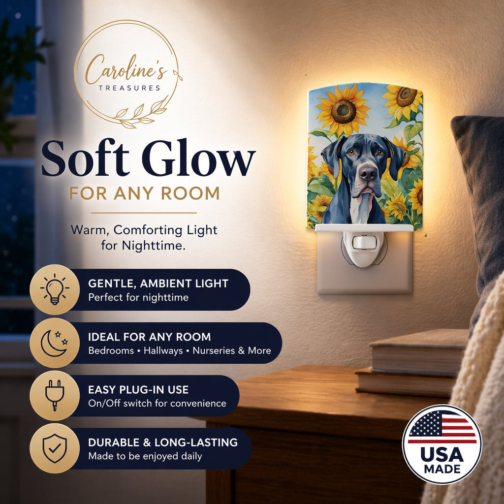 Great Dane in Sunflowers Ceramic Night Light Compact, UL-Certified, Ideal for Bedroom, Bathroom, Nursery, Hallway, Kitchen, 6x4x3, Multicolor