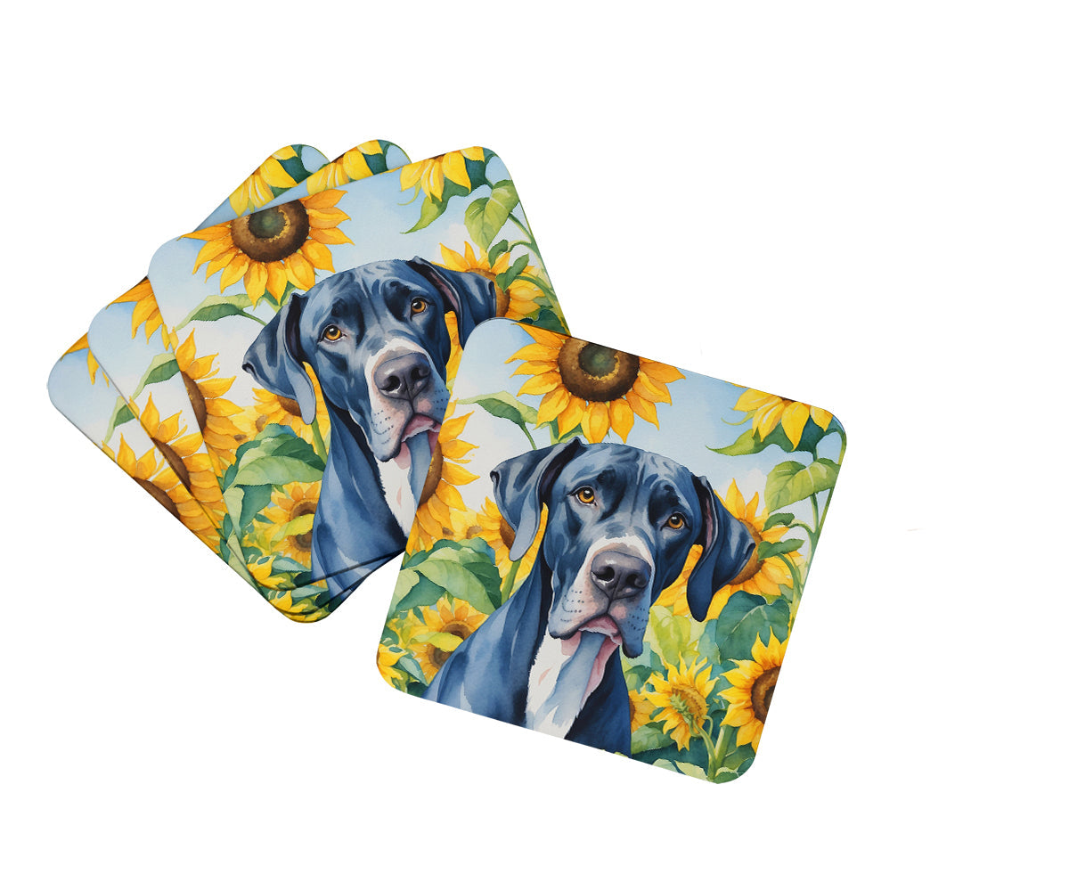 Great Dane in Sunflowers Foam Coasters Set of 4 Cup Coasters for Indoor Outdoor, Tabletop Protection, Anti Slip, Mouse pad Material
