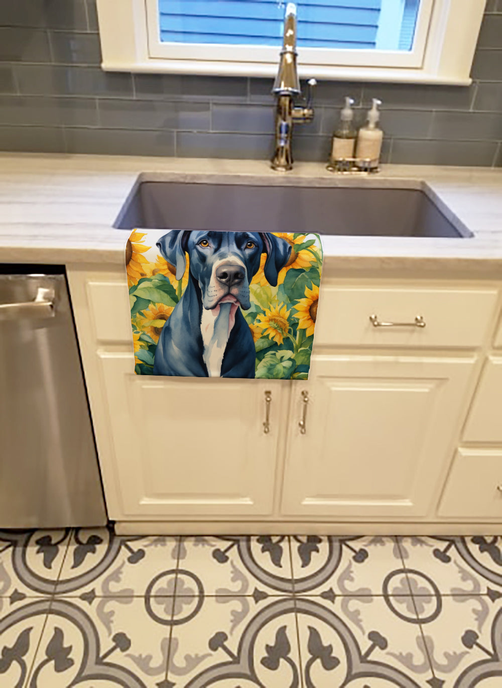 Great Dane in Sunflowers Kitchen Towel Velour Plush Front and Cotton Loop Back Machine Washable