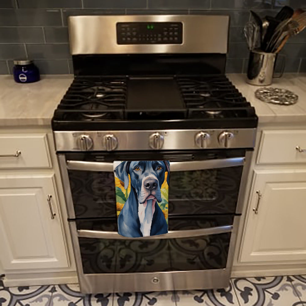 Great Dane in Sunflowers Kitchen Towel Velour Plush Front and Cotton Loop Back Machine Washable