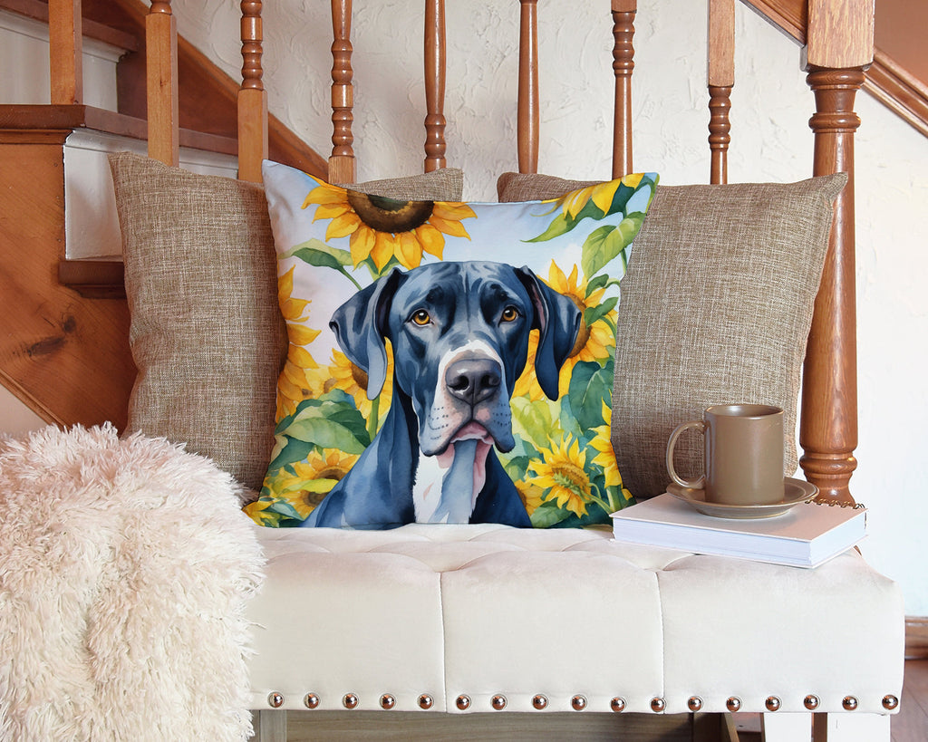 Great Dane in Sunflowers Decorative Throw Pillow 14x14 Indoor Outdoor Accent Cushion, Fabric Cover with Insert for Sofa, Bed, Porch & Living Room