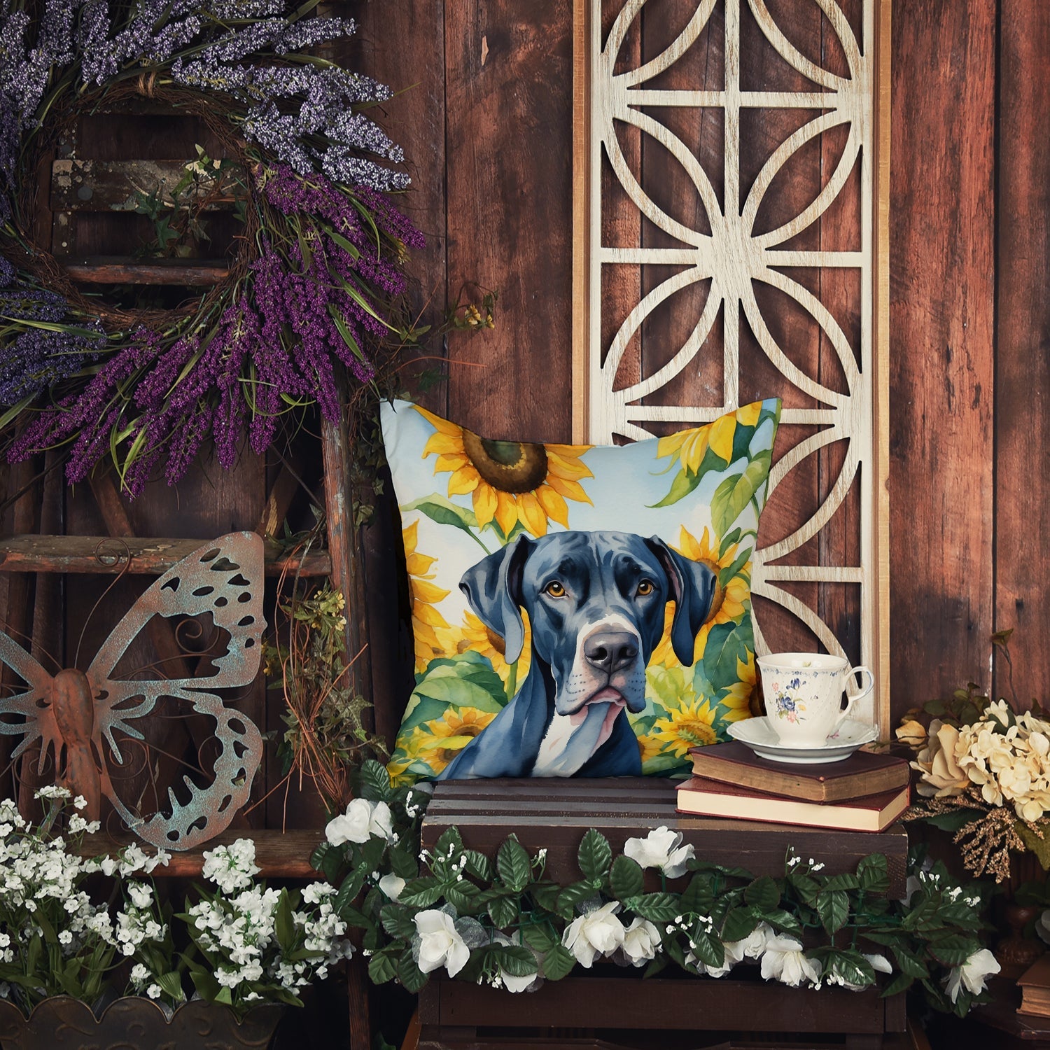 Great Dane in Sunflowers Decorative Throw Pillow 14x14 Indoor Outdoor Accent Cushion, Fabric Cover with Insert for Sofa, Bed, Porch & Living Room