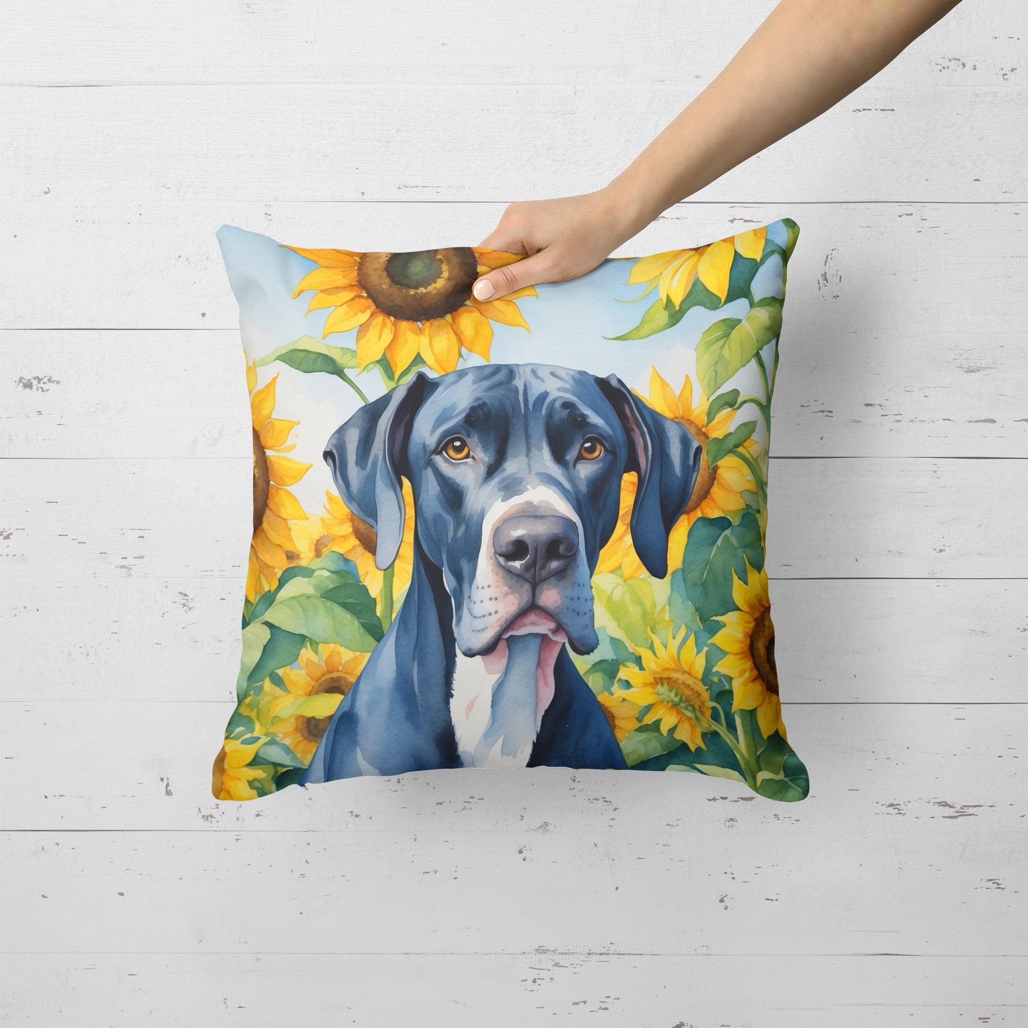 Great Dane in Sunflowers Decorative Throw Pillow 18x18 Indoor Outdoor Accent Cushion, Fabric Cover with Insert for Sofa, Bed, Porch & Living Room