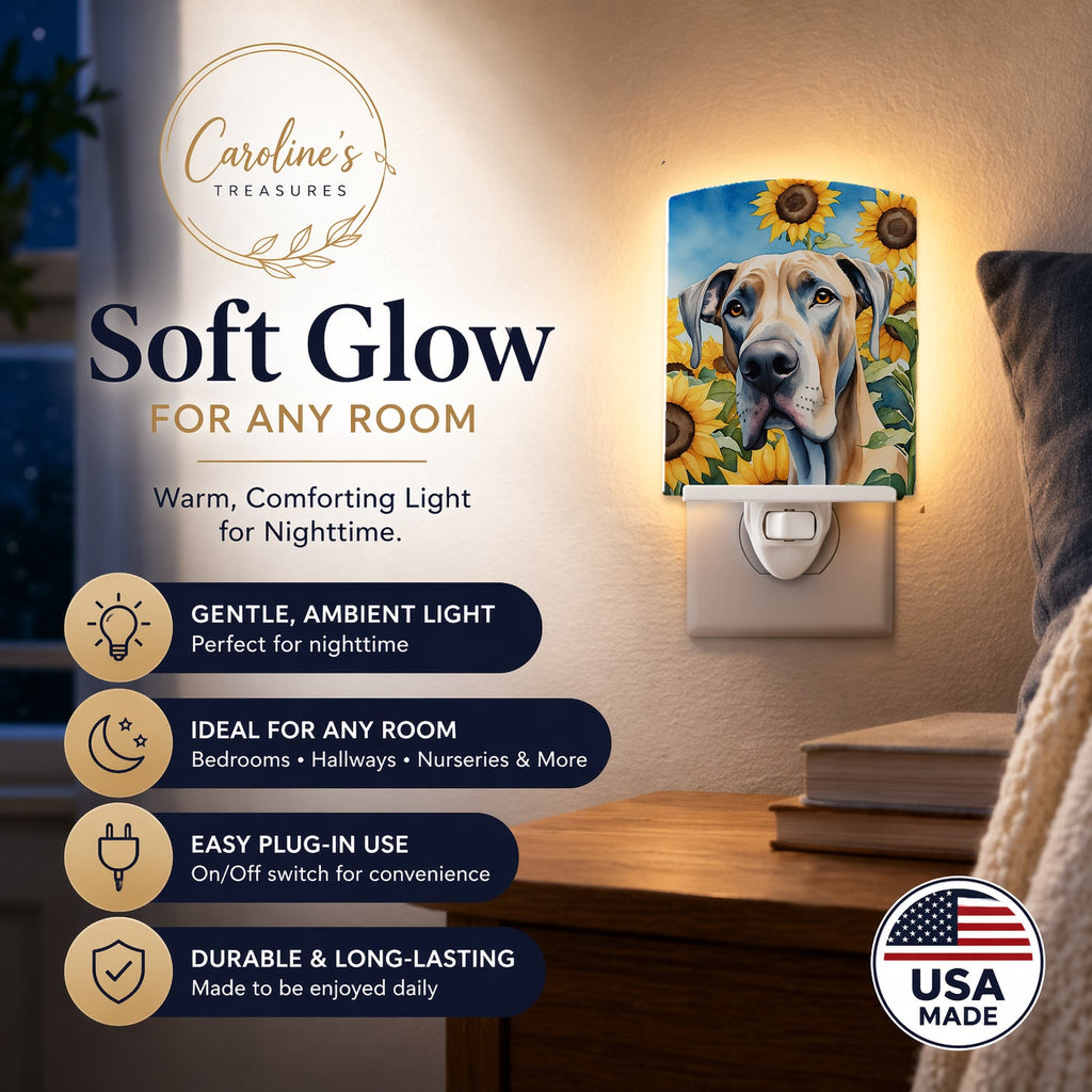 Great Dane in Sunflowers Ceramic Night Light Compact, UL-Certified, Ideal for Bedroom, Bathroom, Nursery, Hallway, Kitchen, 6x4x3, Multicolor