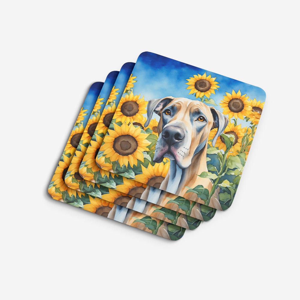 Great Dane in Sunflowers Foam Coasters Set of 4 Cup Coasters for Indoor Outdoor, Tabletop Protection, Anti Slip, Mouse pad Material