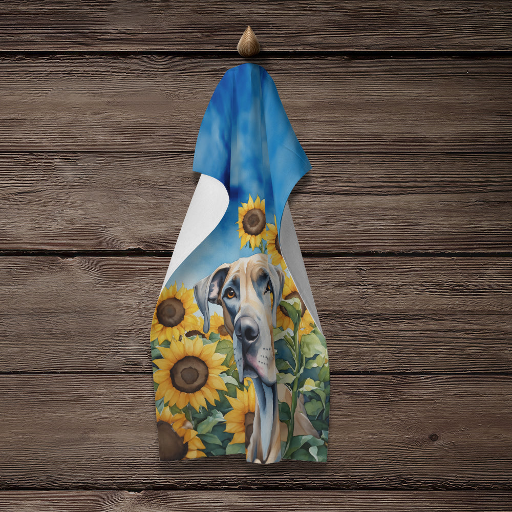 Great Dane in Sunflowers Kitchen Towel Velour Plush Front and Cotton Loop Back Machine Washable