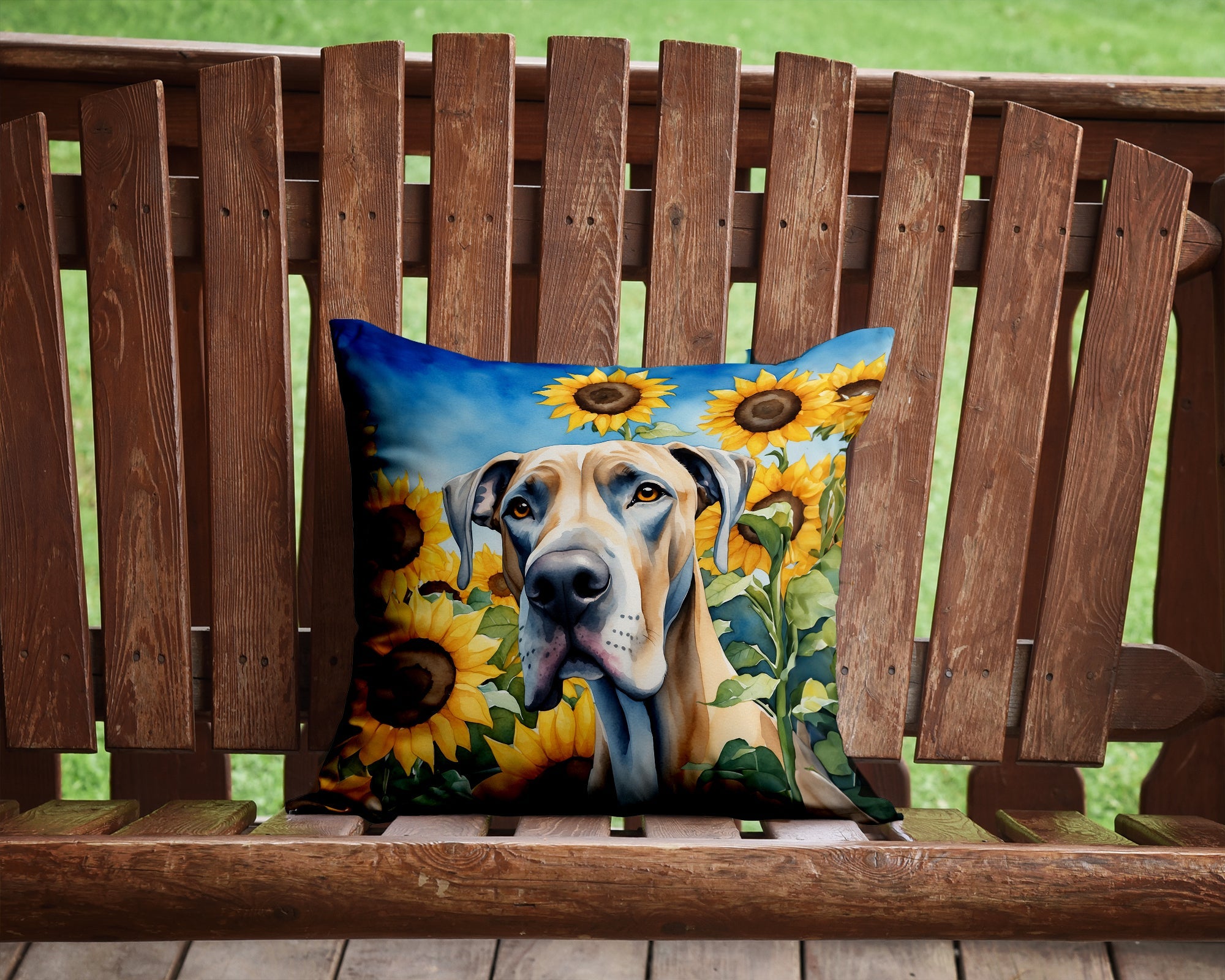 Great Dane in Sunflowers Decorative Throw Pillow 14x14 Indoor Outdoor Accent Cushion, Fabric Cover with Insert for Sofa, Bed, Porch & Living Room