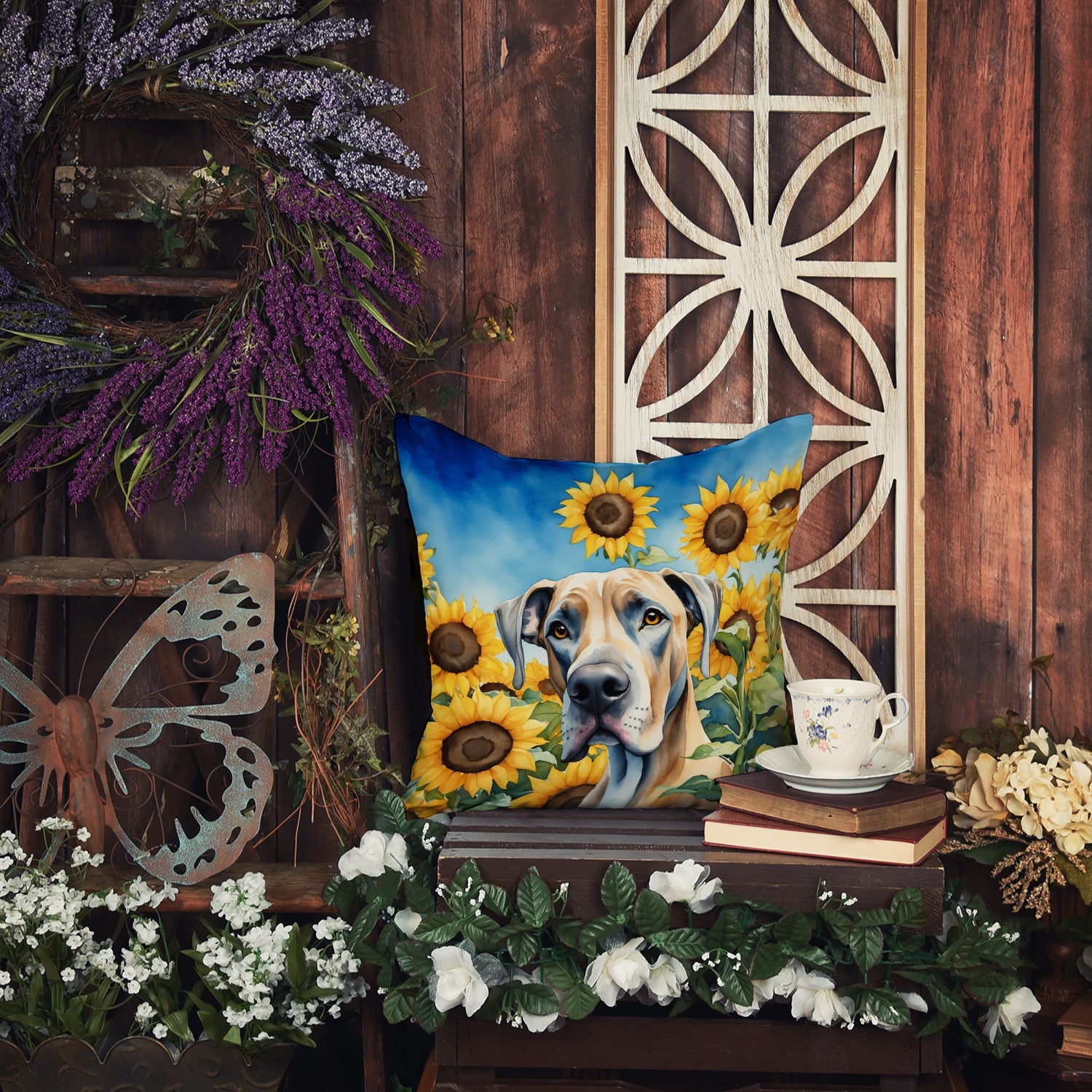 Great Dane in Sunflowers Decorative Throw Pillow 14x14 Indoor Outdoor Accent Cushion, Fabric Cover with Insert for Sofa, Bed, Porch & Living Room