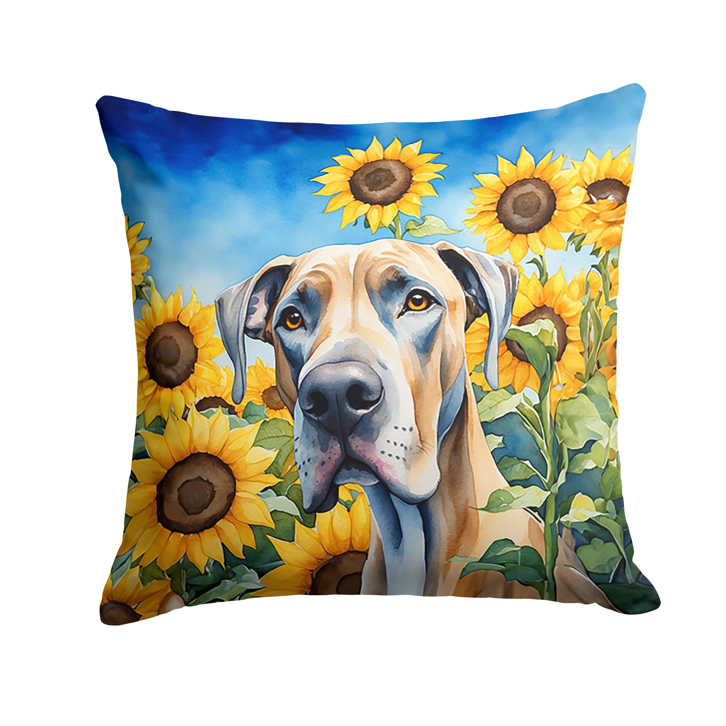 Great Dane in Sunflowers Decorative Throw Pillow 18x18 Indoor Outdoor Accent Cushion, Fabric Cover with Insert for Sofa, Bed, Porch & Living Room