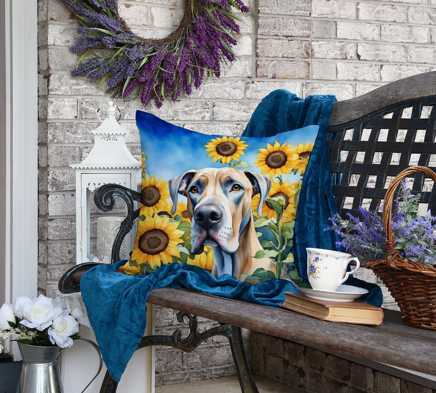 Great Dane in Sunflowers Decorative Throw Pillow 18x18 Indoor Outdoor Accent Cushion, Fabric Cover with Insert for Sofa, Bed, Porch & Living Room