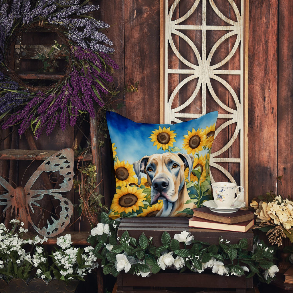 Great Dane in Sunflowers Decorative Throw Pillow 18x18 Indoor Outdoor Accent Cushion, Fabric Cover with Insert for Sofa, Bed, Porch & Living Room