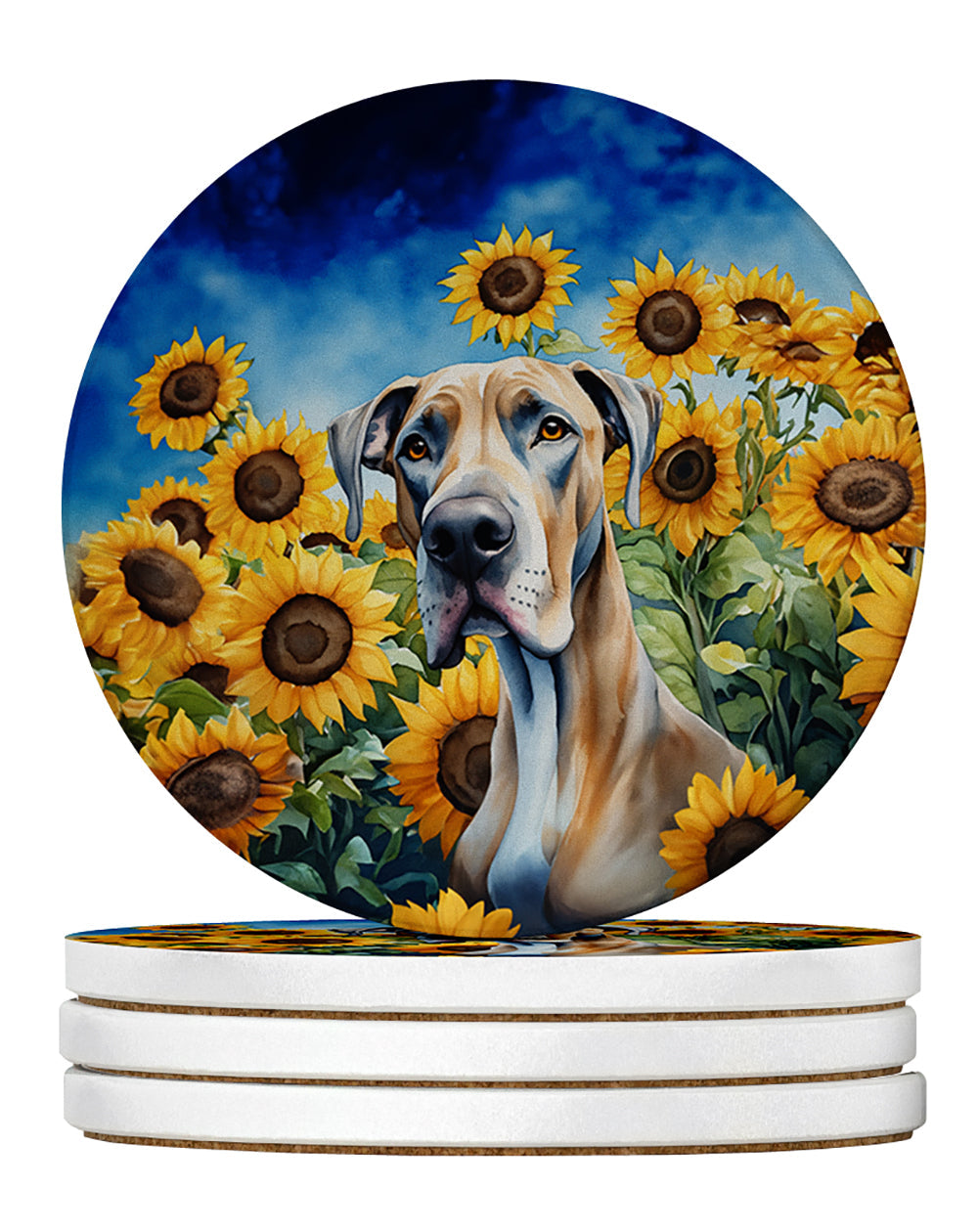 Great Dane in Sunflowers Large Sandstone Coasters Pack of 4 Absorbent Round Coasters Decor Gifts for Men or Women, 4 in, Multicolor