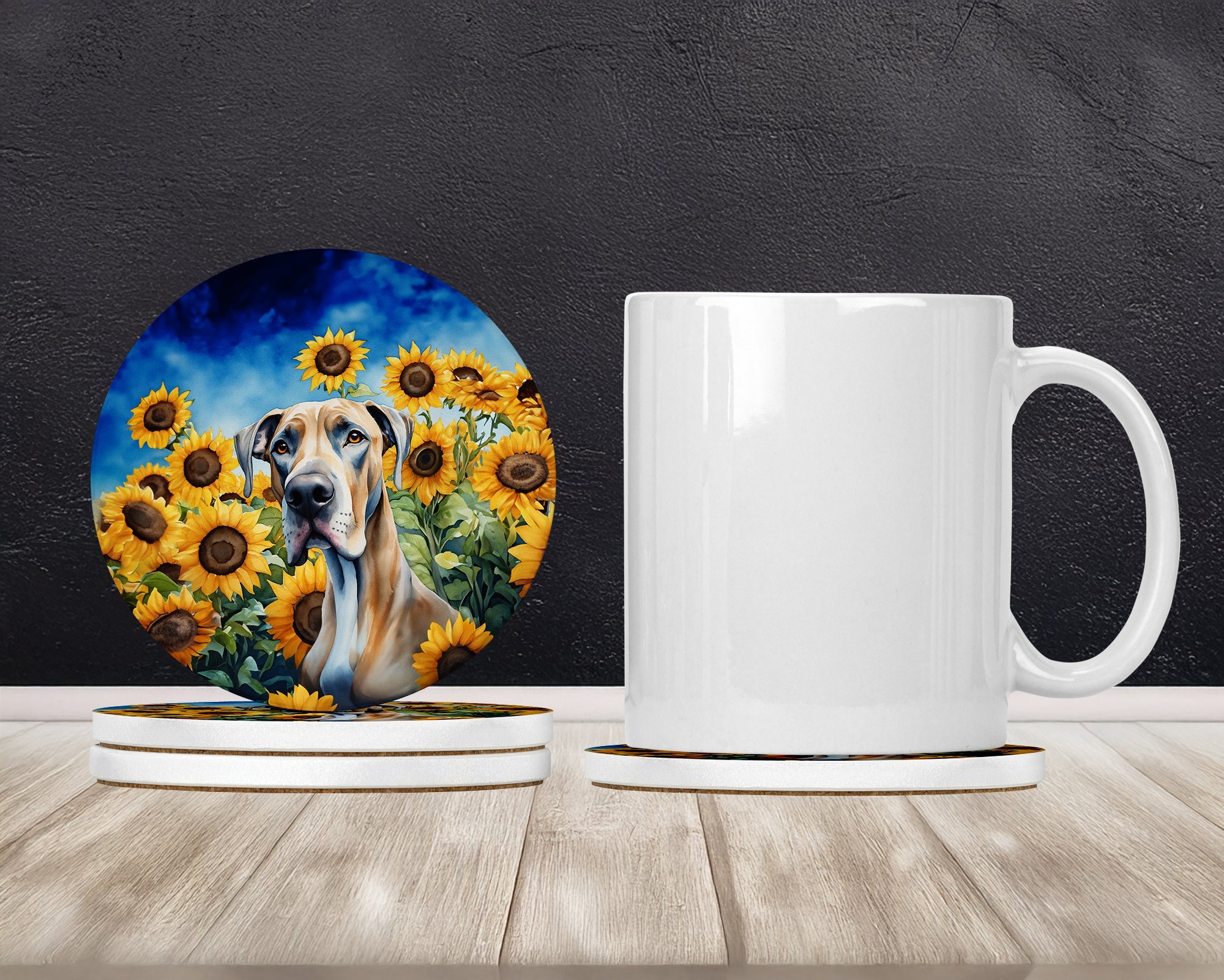 Great Dane in Sunflowers Large Sandstone Coasters Pack of 4 Absorbent Round Coasters Decor Gifts for Men or Women, 4 in, Multicolor