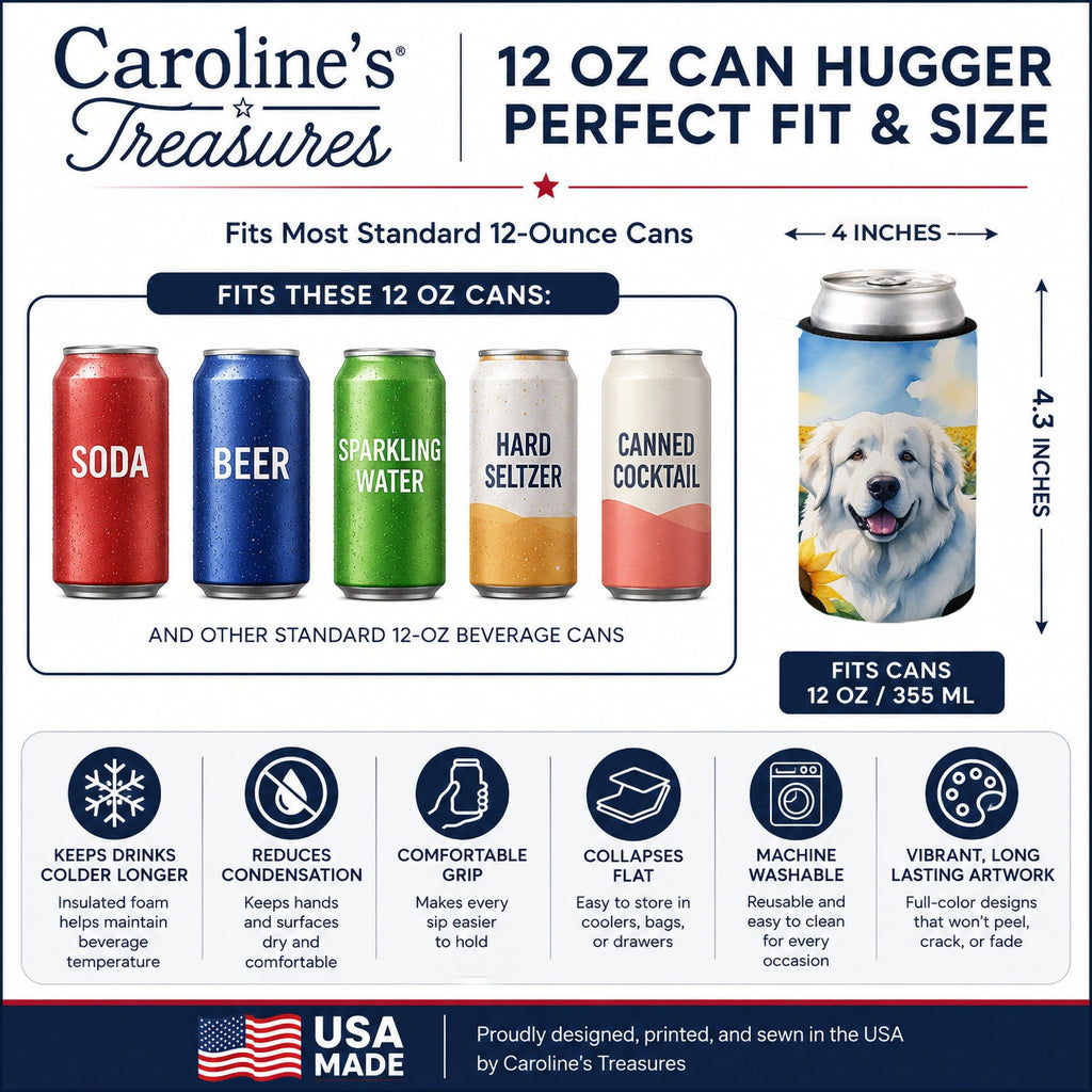Great Pyrenees in Sunflowers Can or Bottle Hugger Cooler Sleeve for Standard 12 oz Cans, Insulated Foam Beer & Soda Can Hugger Reusable