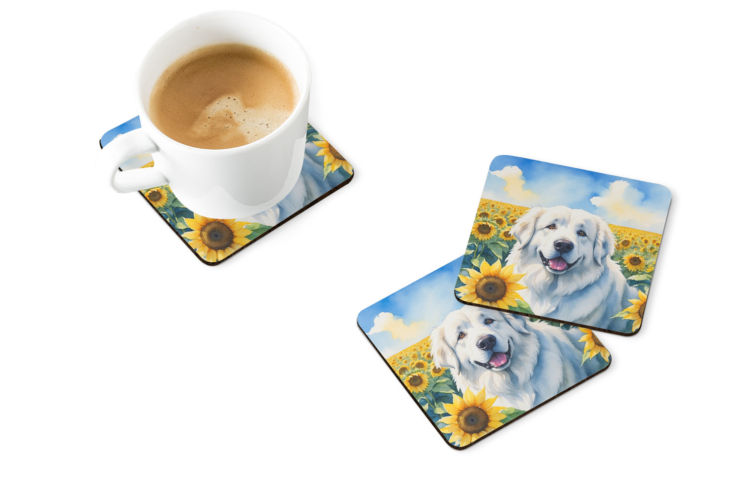 Great Pyrenees in Sunflowers Foam Coasters Set of 4 Cup Coasters for Indoor Outdoor, Tabletop Protection, Anti Slip, Mouse pad Material