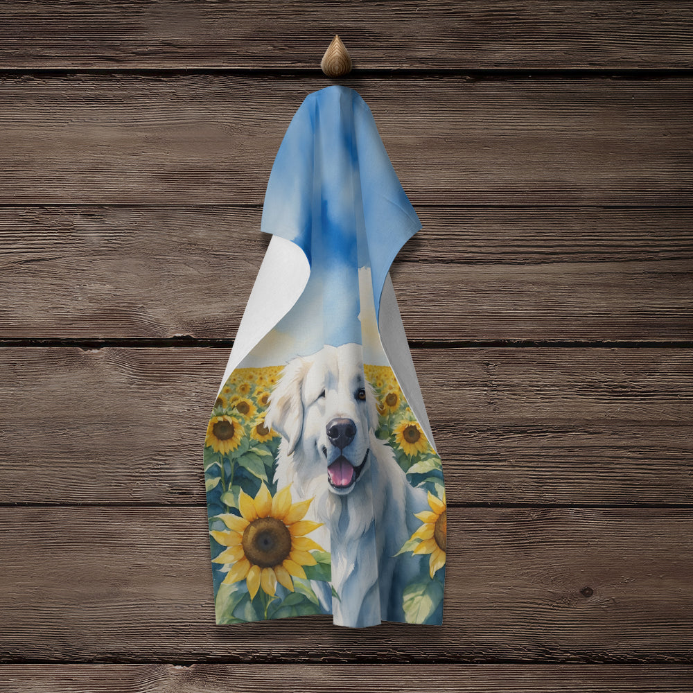 Great Pyrenees in Sunflowers Kitchen Towel Velour Plush Front and Cotton Loop Back Machine Washable