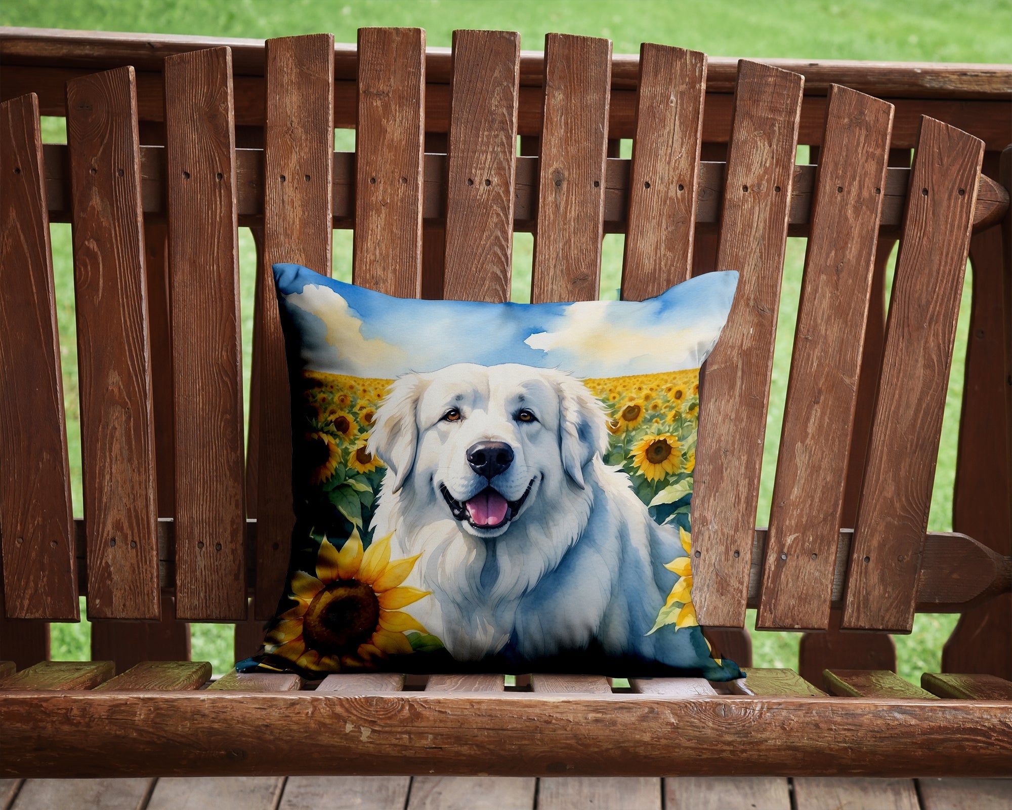 Great Pyrenees in Sunflowers Decorative Throw Pillow 14x14 Indoor Outdoor Accent Cushion, Fabric Cover with Insert for Sofa, Bed, Porch & Living Room