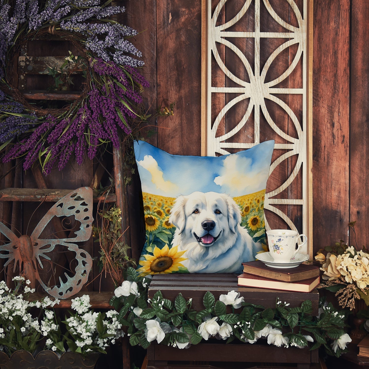 Great Pyrenees in Sunflowers Decorative Throw Pillow 14x14 Indoor Outdoor Accent Cushion, Fabric Cover with Insert for Sofa, Bed, Porch & Living Room