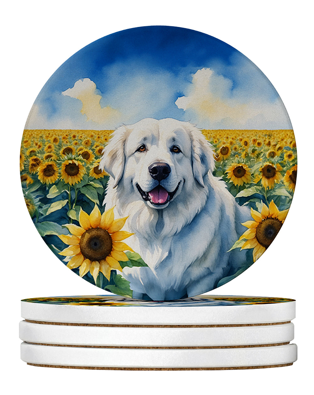 Great Pyrenees in Sunflowers Large Sandstone Coasters Pack of 4 Absorbent Round Coasters Decor Gifts for Men or Women, 4 in, Multicolor