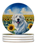 Great Pyrenees in Sunflowers Large Sandstone Coasters Pack of 4 Absorbent Round Coasters Decor Gifts for Men or Women, 4 in, Multicolor