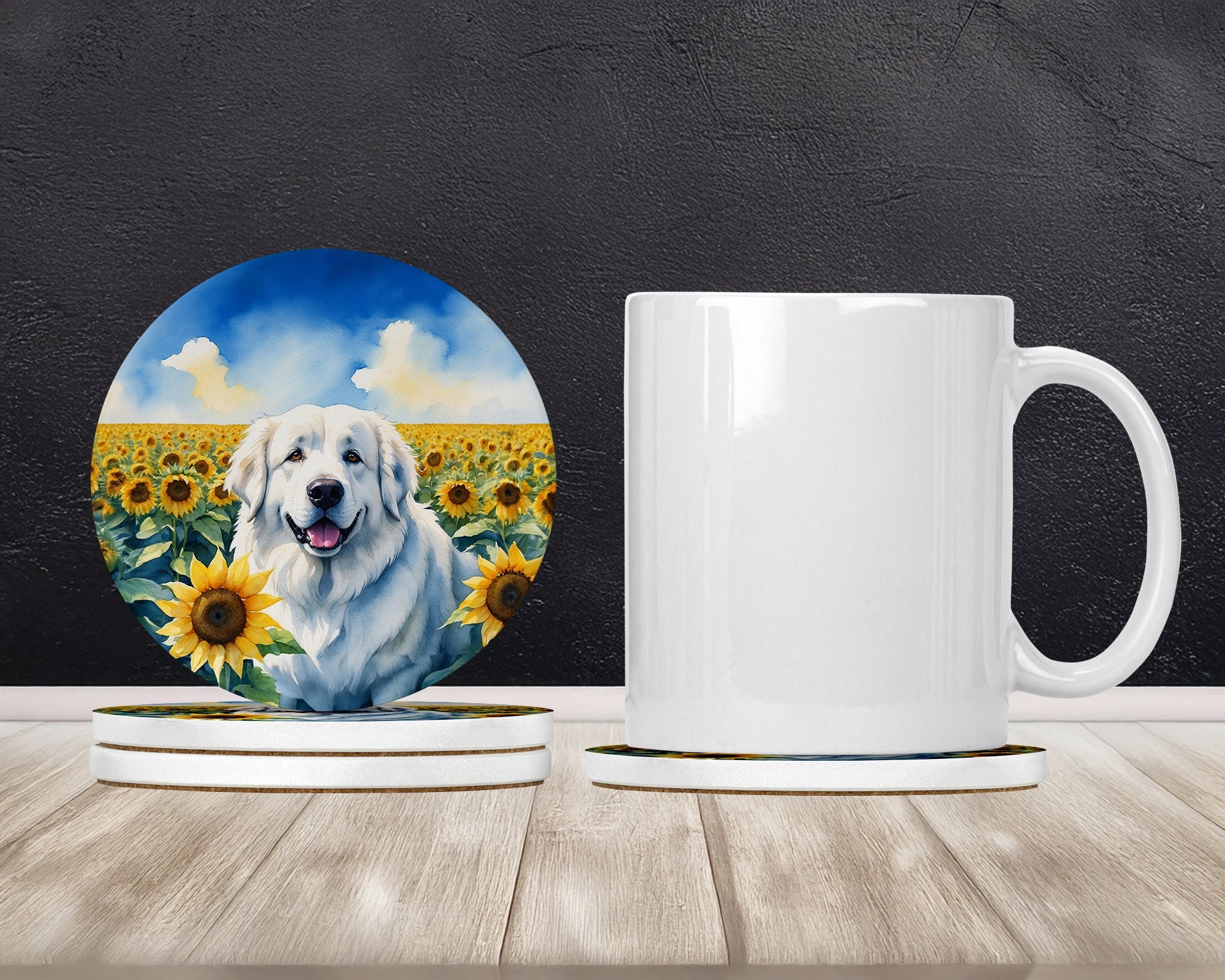 Great Pyrenees in Sunflowers Large Sandstone Coasters Pack of 4 Absorbent Round Coasters Decor Gifts for Men or Women, 4 in, Multicolor