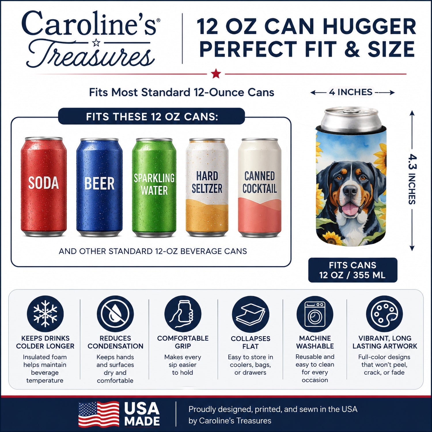 Greater Swiss Mountain Dog in Sunflowers Can or Bottle Hugger Cooler Sleeve for Standard 12 oz Cans, Insulated Foam Beer & Soda Can Hugger Reusable