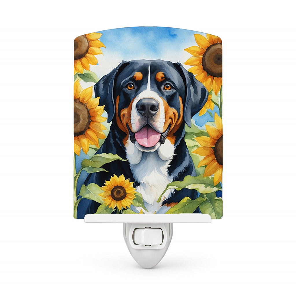 Greater Swiss Mountain Dog in Sunflowers Ceramic Night Light Compact, UL-Certified, Ideal for Bedroom, Bathroom, Nursery, Hallway, Kitchen, 6x4x3, Multicolor