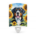 Greater Swiss Mountain Dog in Sunflowers Ceramic Night Light Compact, UL-Certified, Ideal for Bedroom, Bathroom, Nursery, Hallway, Kitchen, 6x4x3, Multicolor