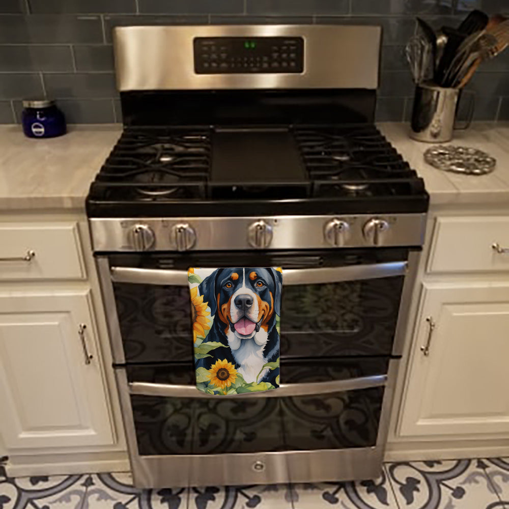 Greater Swiss Mountain Dog in Sunflowers Kitchen Towel Velour Plush Front and Cotton Loop Back Machine Washable