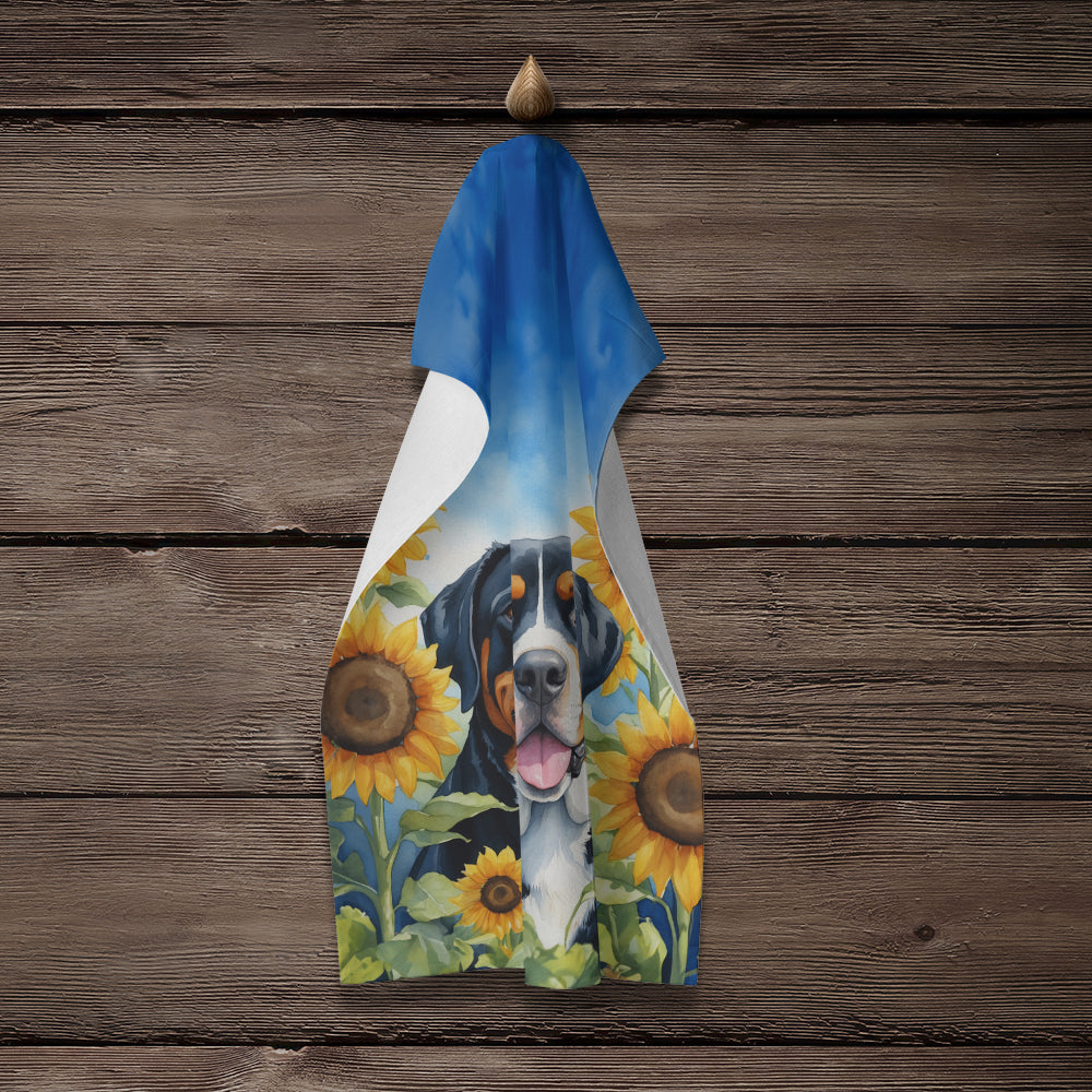 Greater Swiss Mountain Dog in Sunflowers Kitchen Towel Velour Plush Front and Cotton Loop Back Machine Washable
