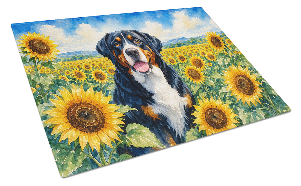 Greater Swiss Mountain Dog in Sunflowers Cutting Board Tempered Glass Kitchen Cutting Surface, Heat Resistant Chopping Board with Non-Slip Feet, Decorative Food Prep & Serving