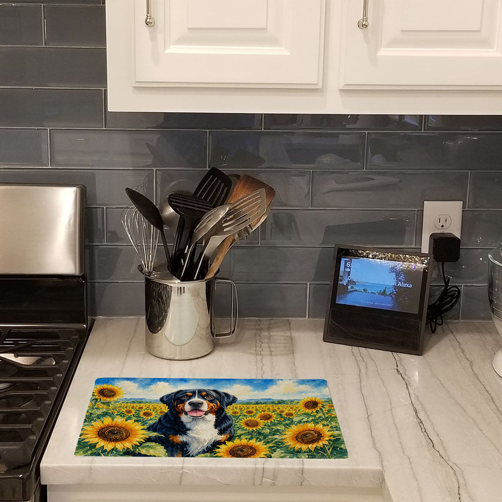 Greater Swiss Mountain Dog in Sunflowers Cutting Board Tempered Glass Kitchen Cutting Surface, Heat Resistant Chopping Board with Non-Slip Feet, Decorative Food Prep & Serving